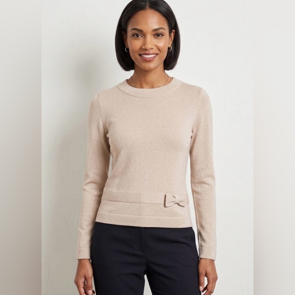 Brooks Brothers 346 Lambswool Blend Sparkle Bow Sweater Pale Pink Holiday Classy